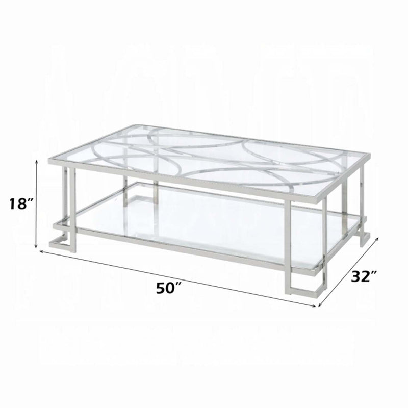 Kalan Rectangular Coffee Table , Glass & Silver Finish Acme