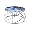 Lyda Round Coffee Table, Blue Marble Print & Chrome Finish Acme