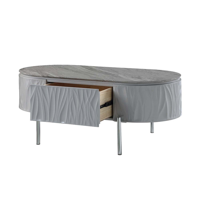 Yukino Oval Coffee Table, Gray High Gloss & Chrome Finish Acme