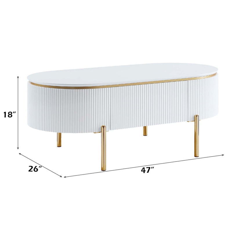 Daveigh Oval Coffee Table, White High Gloss & Gold Finish Acme
