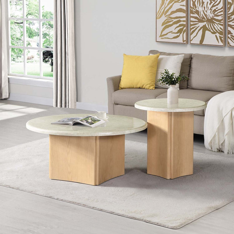 Qwin Round Coffee Table, Marble Top & Oak Finish Acme