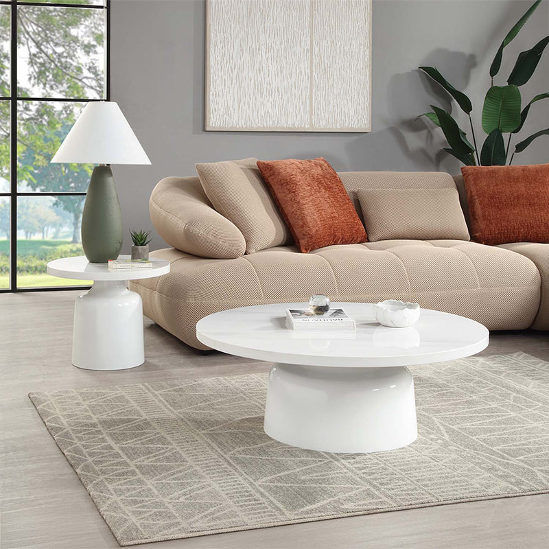 Zaid Round Coffee Table, Engineering Marble & White High Gloss Finish Acme