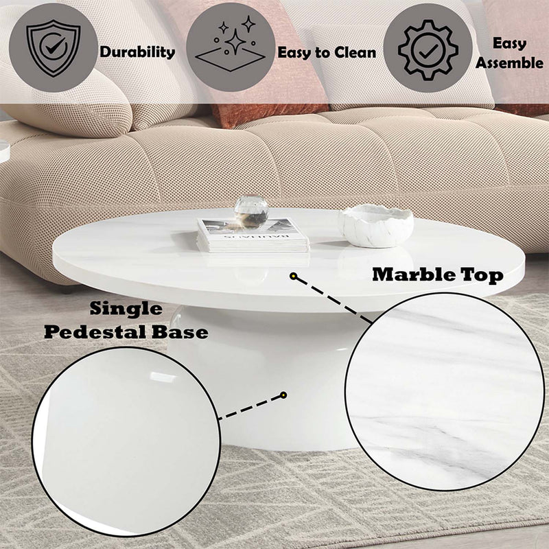 Zaid Round Coffee Table, Engineering Marble & White High Gloss Finish Acme