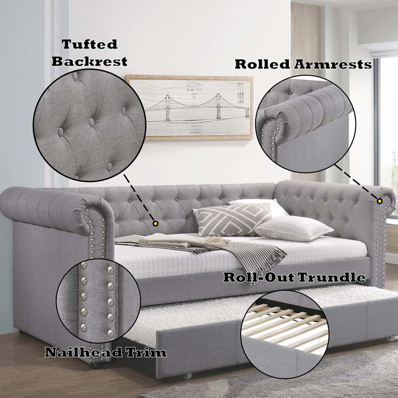 Justice Daybed w/Trundle (Twin), Smoke Gray Fabric Acme