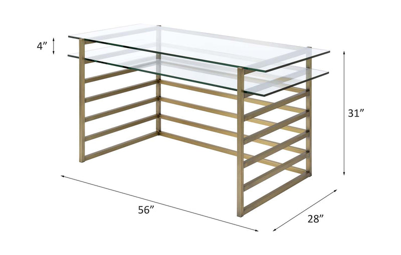 Shona Writing Desk, Clear Glass Top & Antique Gold Finish Acme