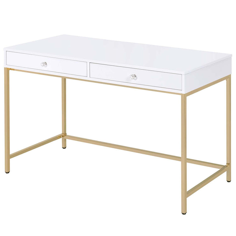 Ottey Writing Desk, White High Gloss & Gold Finish Acme