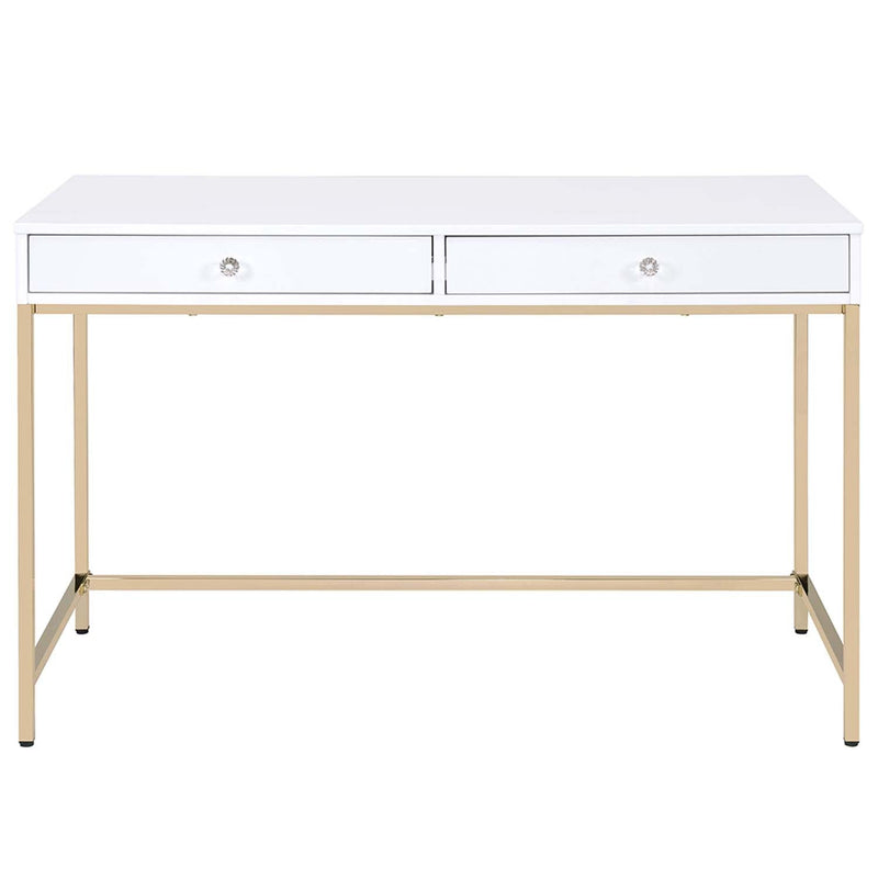 Ottey Writing Desk, White High Gloss & Gold Finish Acme