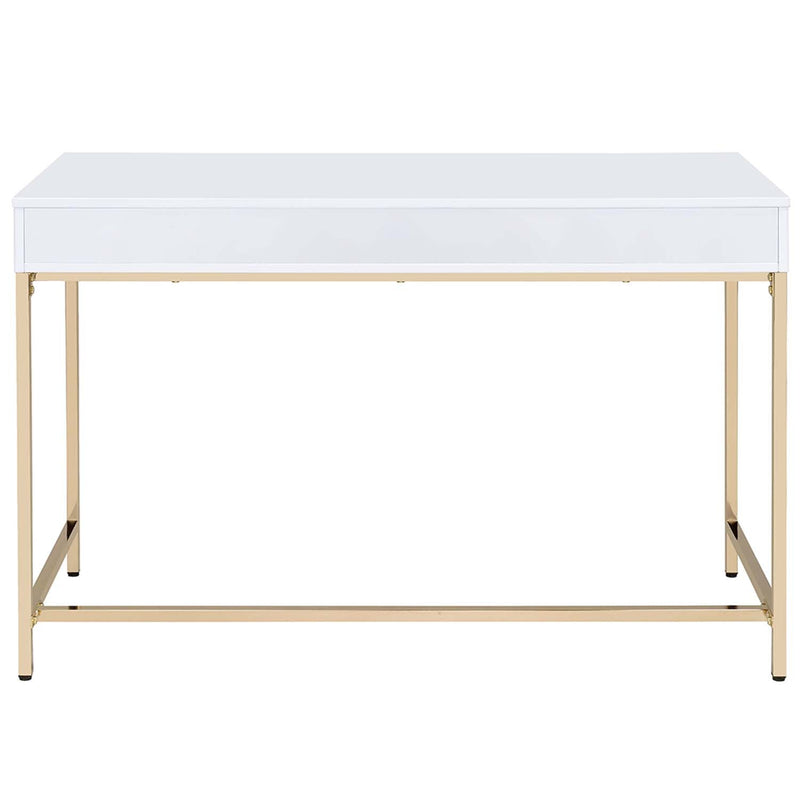 Ottey Writing Desk, White High Gloss & Gold Finish Acme
