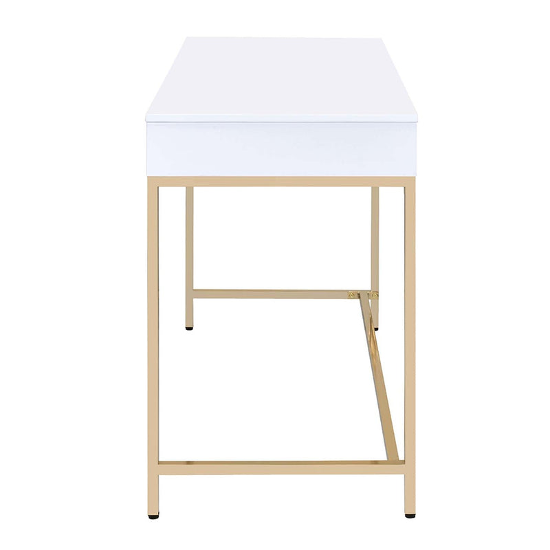 Ottey Writing Desk, White High Gloss & Gold Finish Acme