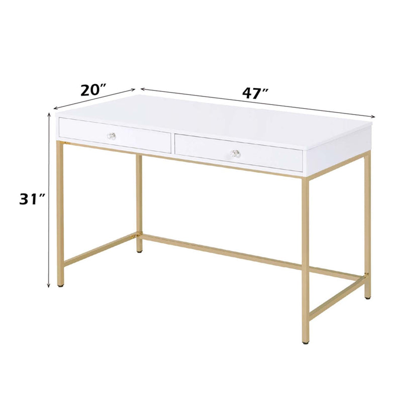 Ottey Writing Desk, White High Gloss & Gold Finish Acme