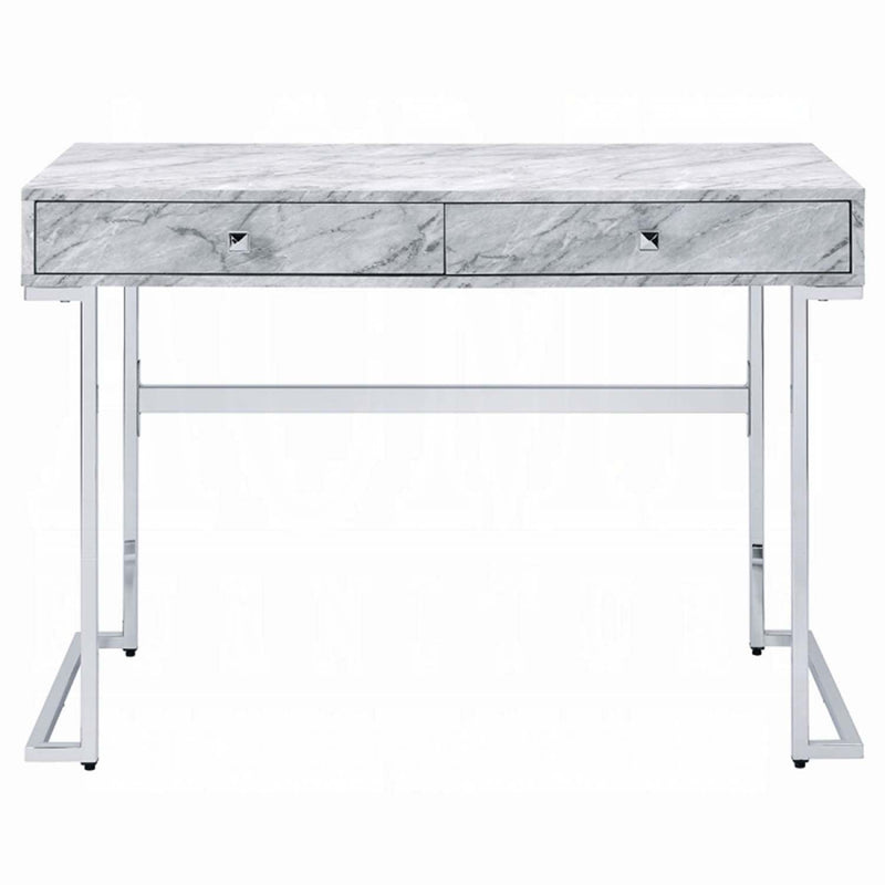Tigress Writing Desk, White Printed Faux Marble Top & Chrome Finish Acme