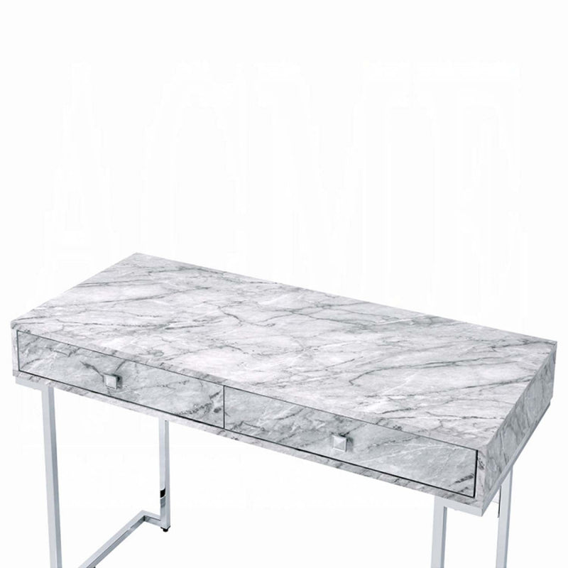 Tigress Writing Desk, White Printed Faux Marble Top & Chrome Finish Acme