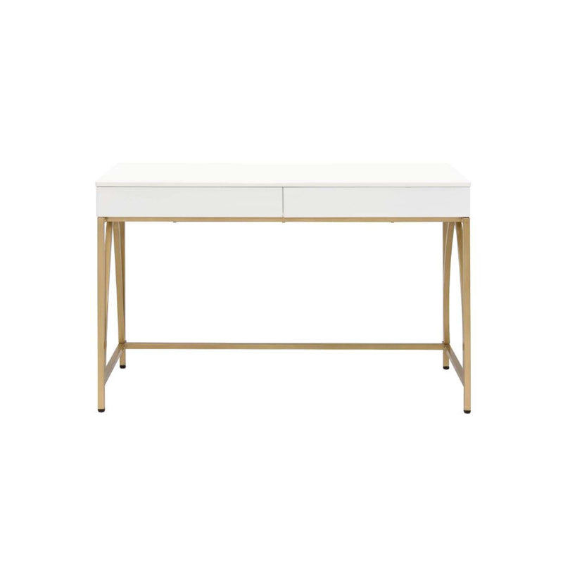 Lightmane Writing Desk, White High Gloss & Gold Finish Acme