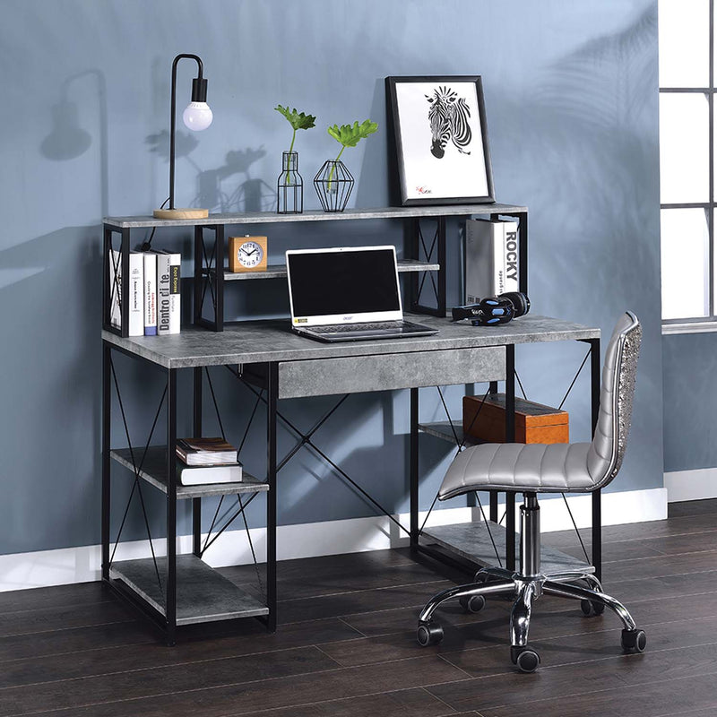 Amiel Writing Desk, Faux Concrete & Black Finish Acme