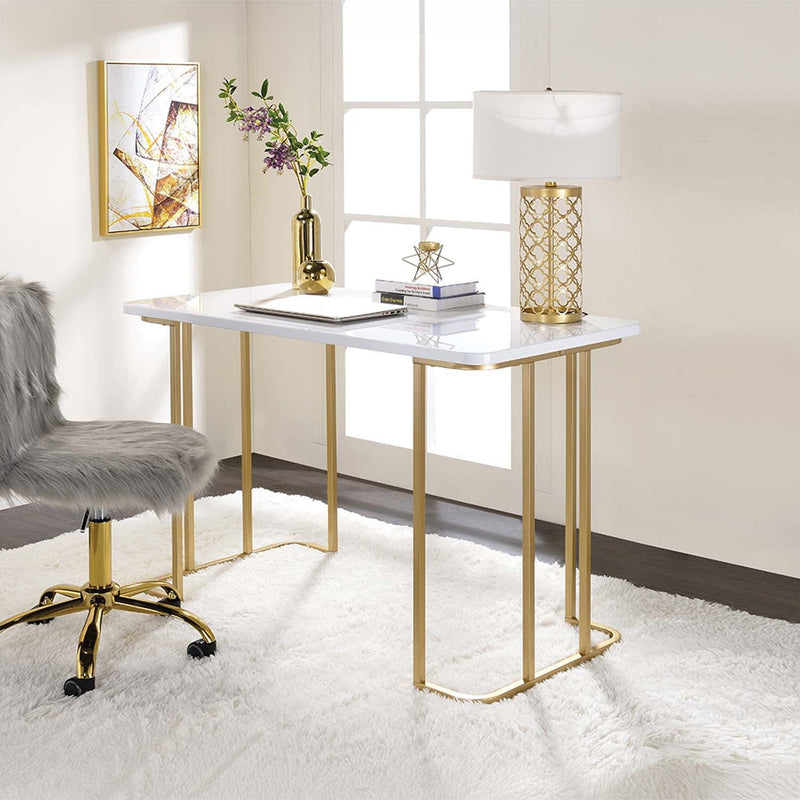 Estie Writing Desk, White & Gold Finish Acme