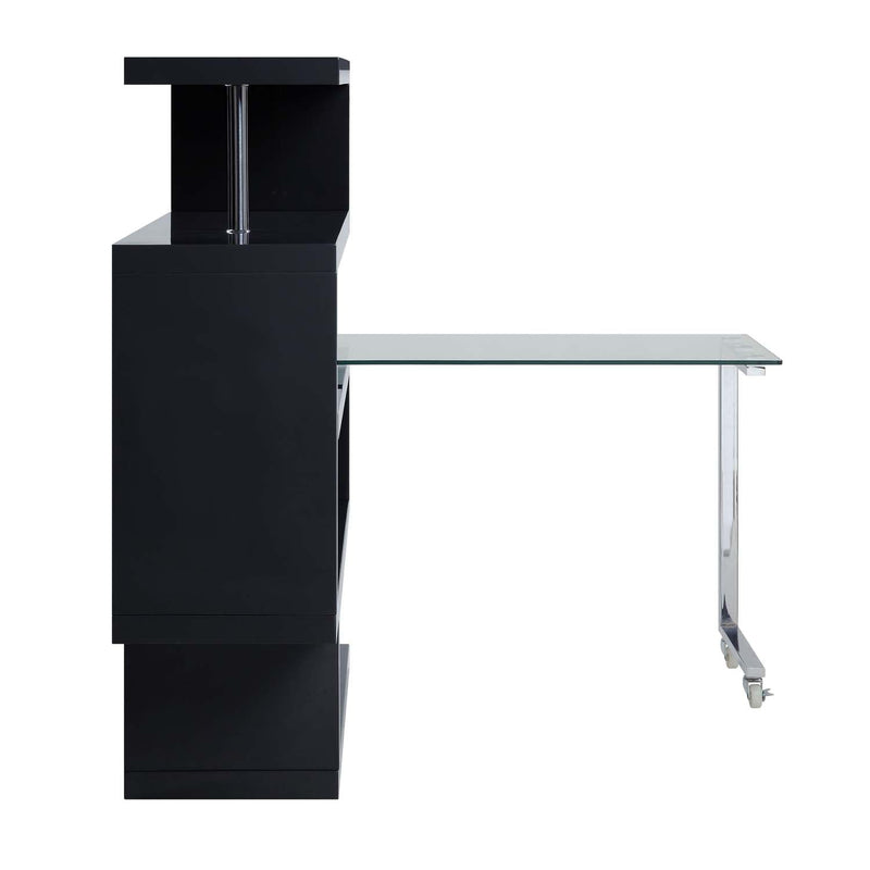 Buck II Writing Desk w/Bookshelf, Clear Glass, Chrome & Black Finish Acme