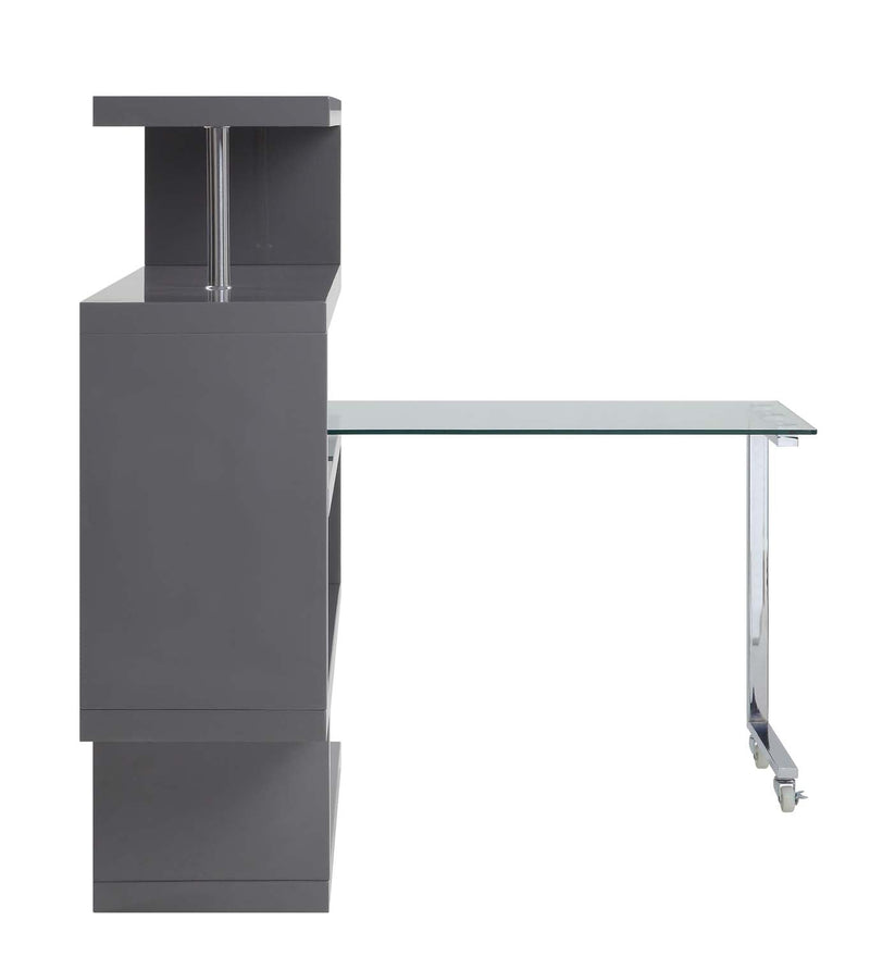 Buck II Writing Desk w/Bookshelf, Clear Glass, Chrome & Gray High Gloss Finish Acme