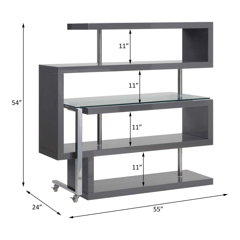 Buck II Writing Desk w/Bookshelf, Clear Glass, Chrome & Gray High Gloss Finish Acme