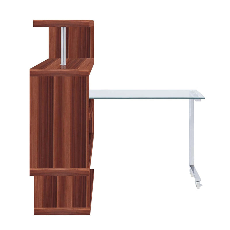 Buck II Writing Desk w/Bookshelf, Clear Glass, Chrome & Walnut Acme