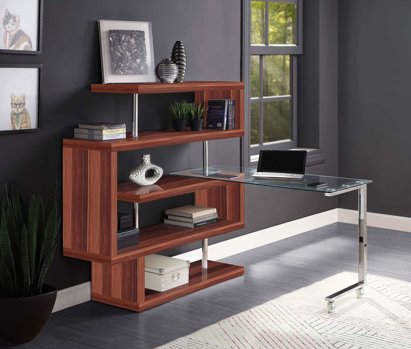 Buck II Writing Desk w/Bookshelf, Clear Glass, Chrome & Walnut Acme
