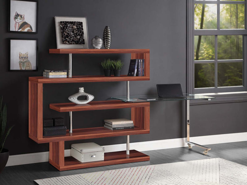 Buck II Writing Desk w/Bookshelf, Clear Glass, Chrome & Walnut Acme