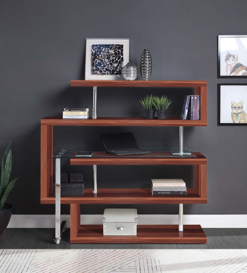 Buck II Writing Desk w/Bookshelf, Clear Glass, Chrome & Walnut Acme