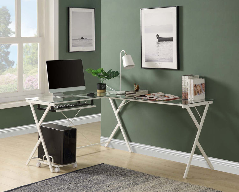 Dazenus Computer Desk, Clear Glass Top & White Finish Acme