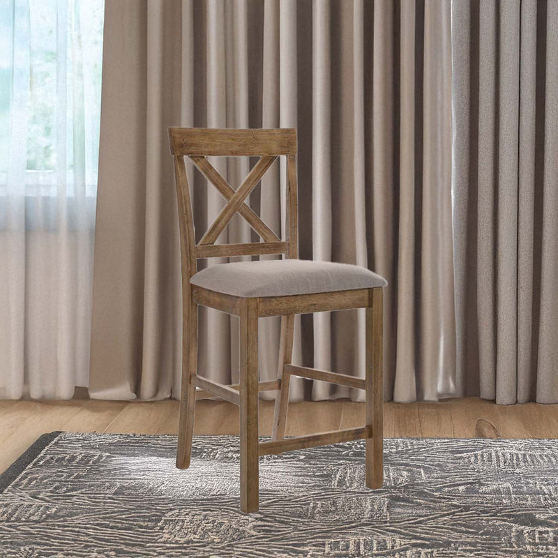 Martha II Counter Height Chair 2Pc, Tan Linen & Weathered Oak Finish Acme