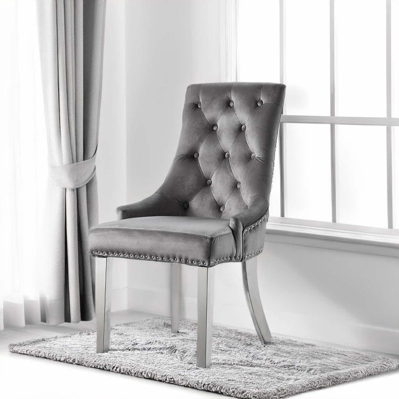Satinka Side Chair 2Pc, Gray Fabric & Mirrored Silver Finish Acme