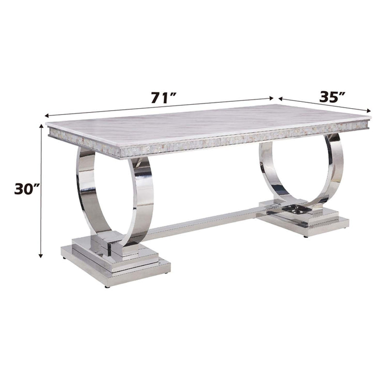 Zander Dining Table, White Printed Faux Marble Top & Mirrored Silver Finish Acme