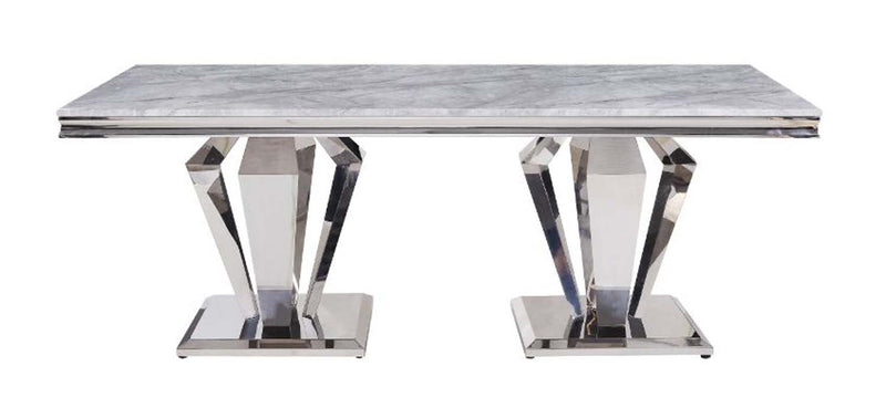 Satinka Dining Table, Light Gray Printed Faux Marble Top & Mirrored Silver Acme