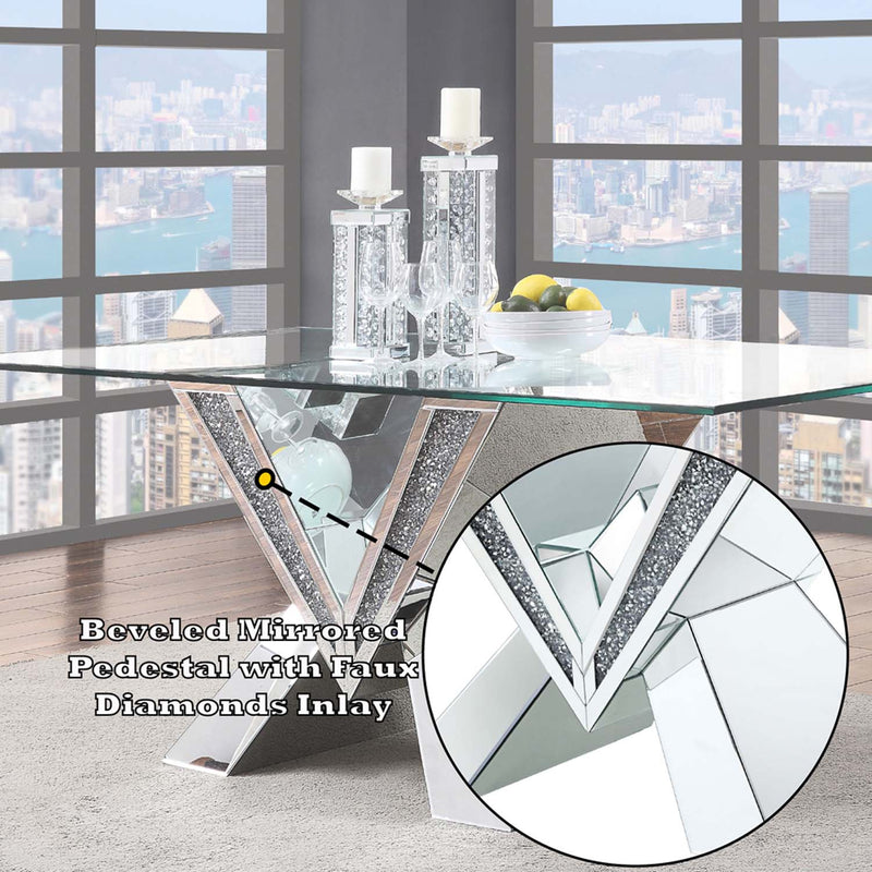 Noralie Dining Table, Mirrored, Faux Diamonds & Clear Glass Top Finish Acme