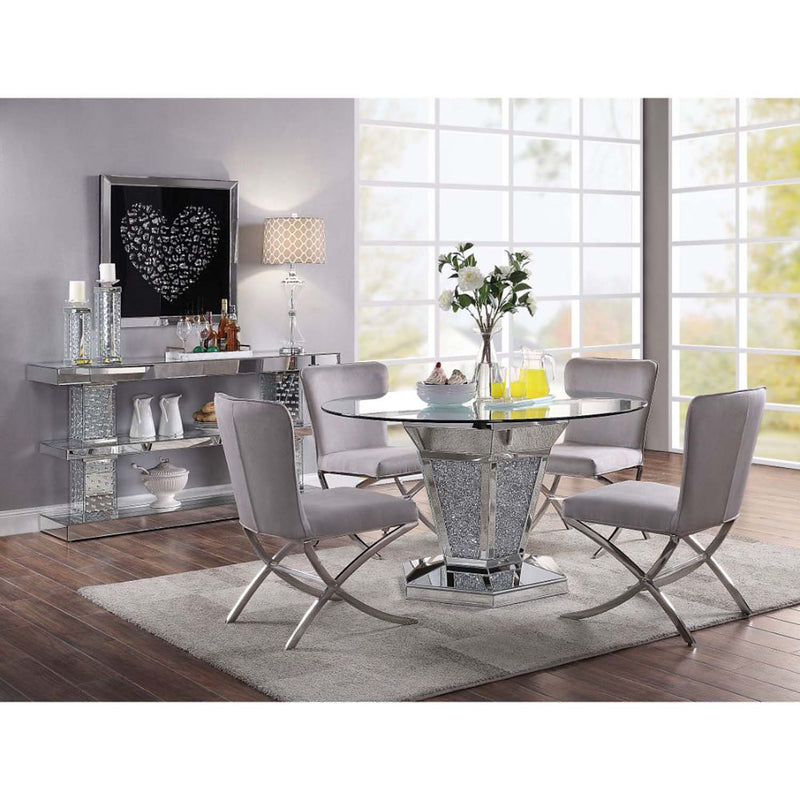 Noralie Dining Table, Mirrored, Faux Diamonds & Clear Glass Top Finish Acme