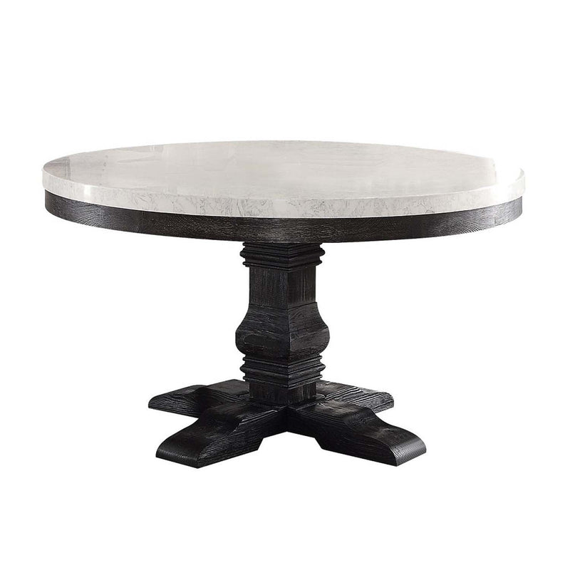 Nolan Round Dining Table, White Marble Top & Salvage Dark Oak Finish Acme