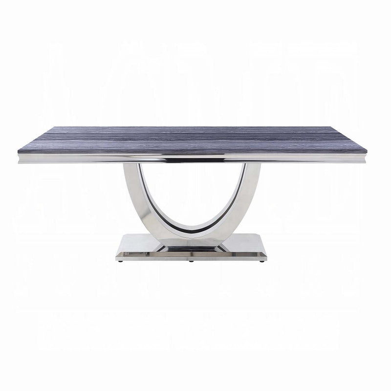 Cambrie Dining Table, Engineering Stone Top & Mirrored Silver Finish Acme