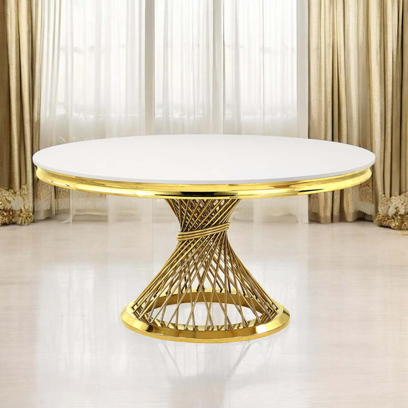 Fallon Dining Table, Engineered Stone, Top & Mirrored Gold Finish Acme