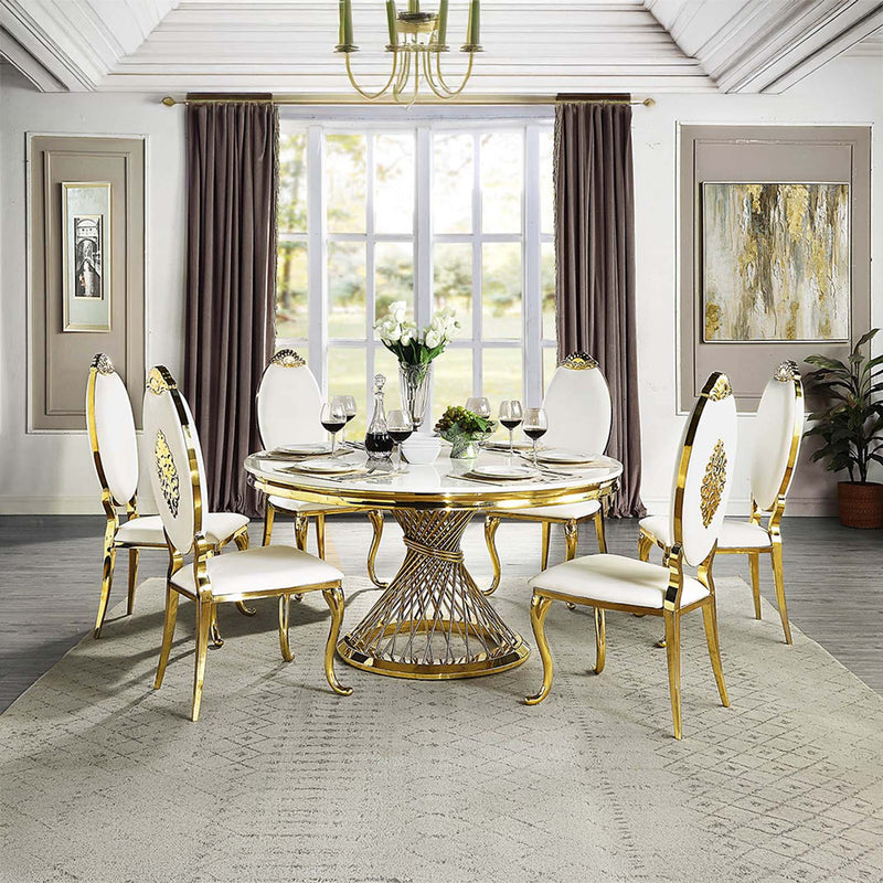 Fallon Dining Table, Engineered Stone, Top & Mirrored Gold Finish Acme
