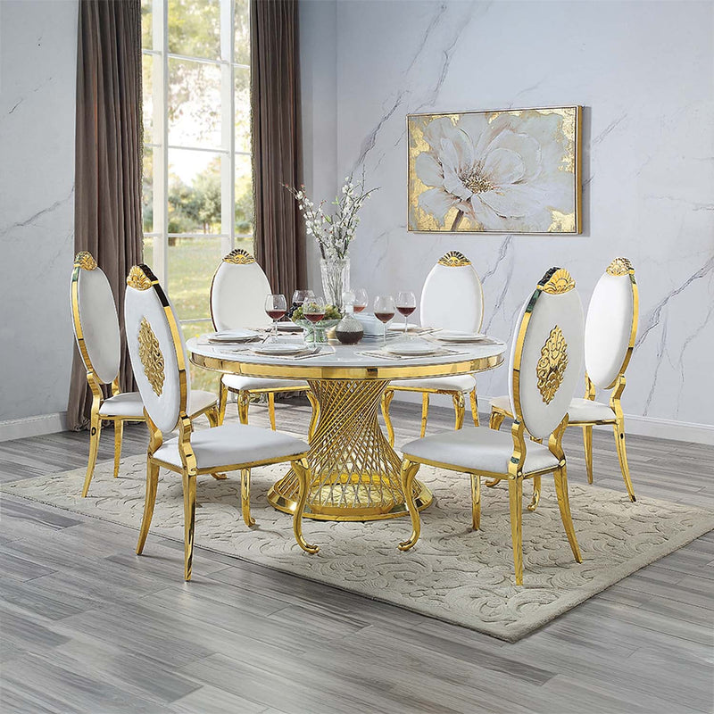Fallon Dining Table, Engineered Stone, Top & Mirrored Gold Finish Acme