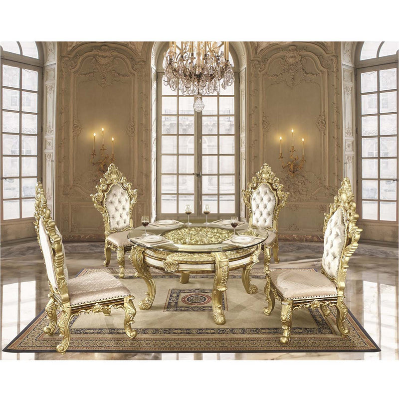 Desiderius Round Dining Table, Antique Gold & Hand-Painted Brown Finish Acme