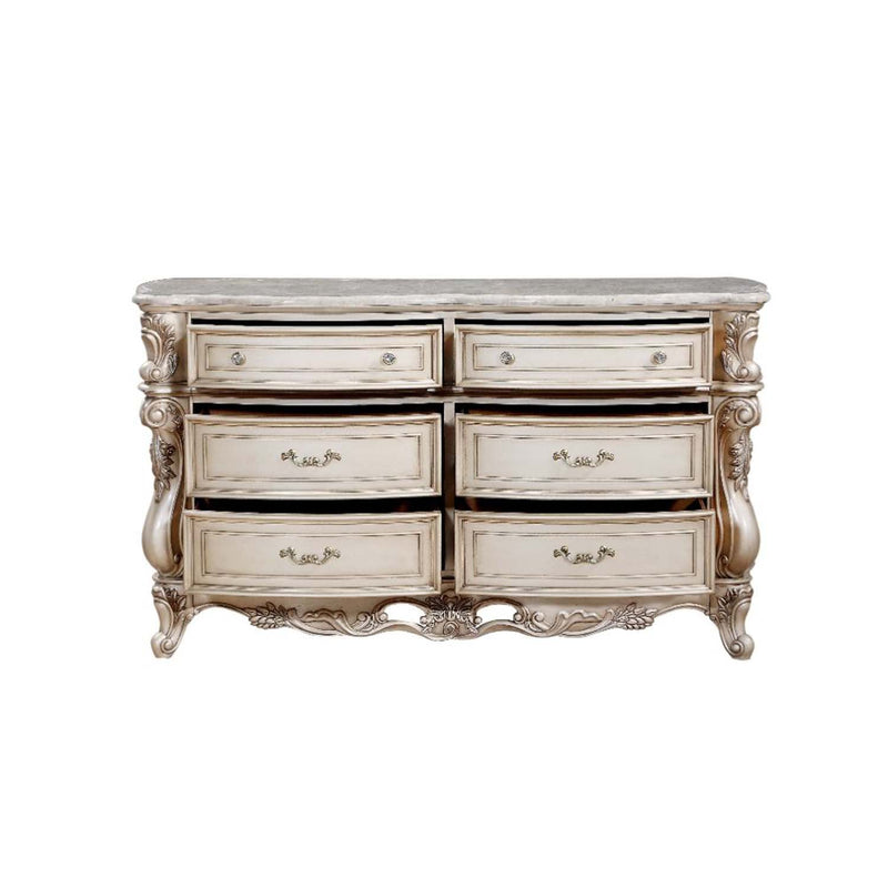 Gorsedd 6 Drawers Dresser, Marble Top & Golden Ivory Finish Acme