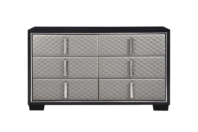Nicola 6 Drawers  Dresser, Silver Faux Leather & Black Finish Acme
