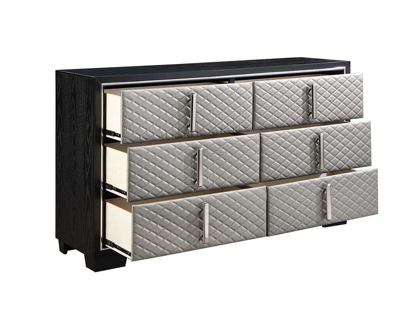 Nicola 6 Drawers  Dresser, Silver Faux Leather & Black Finish Acme