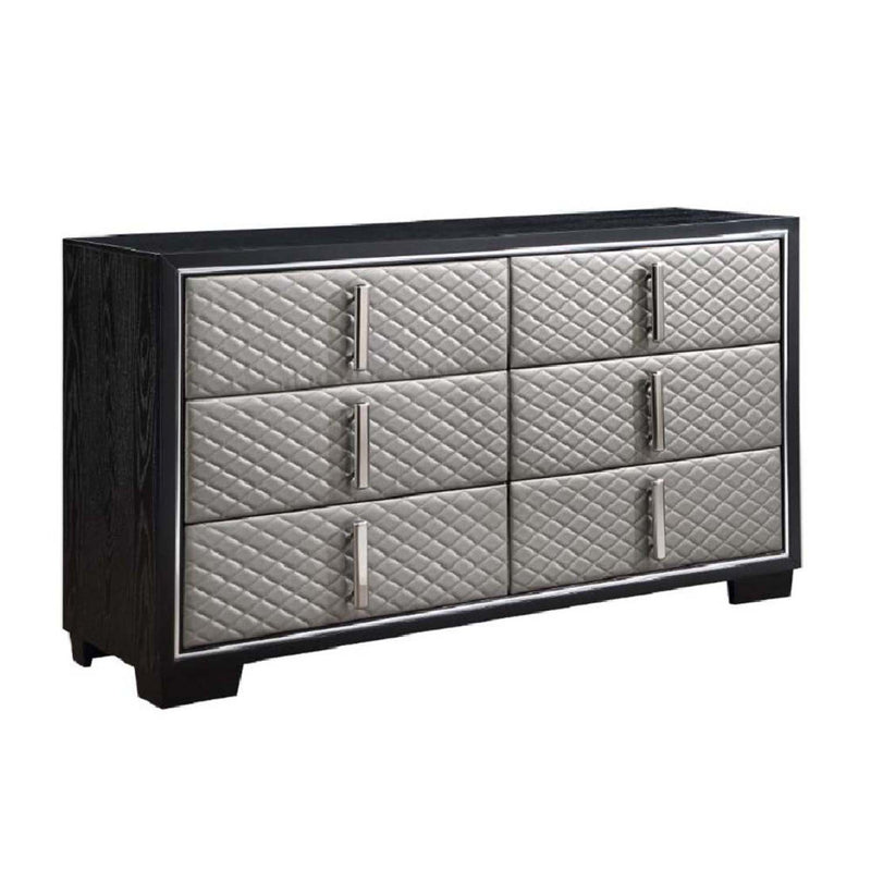 Nicola 6 Drawers  Dresser, Silver Faux Leather & Black Finish Acme