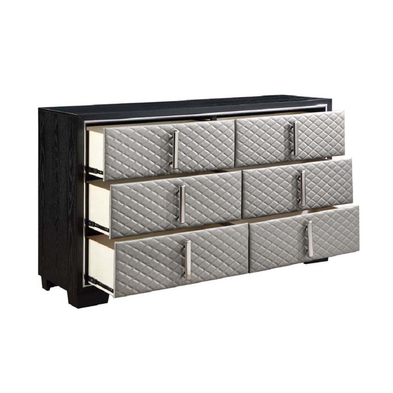 Nicola 6 Drawers  Dresser, Silver Faux Leather & Black Finish Acme