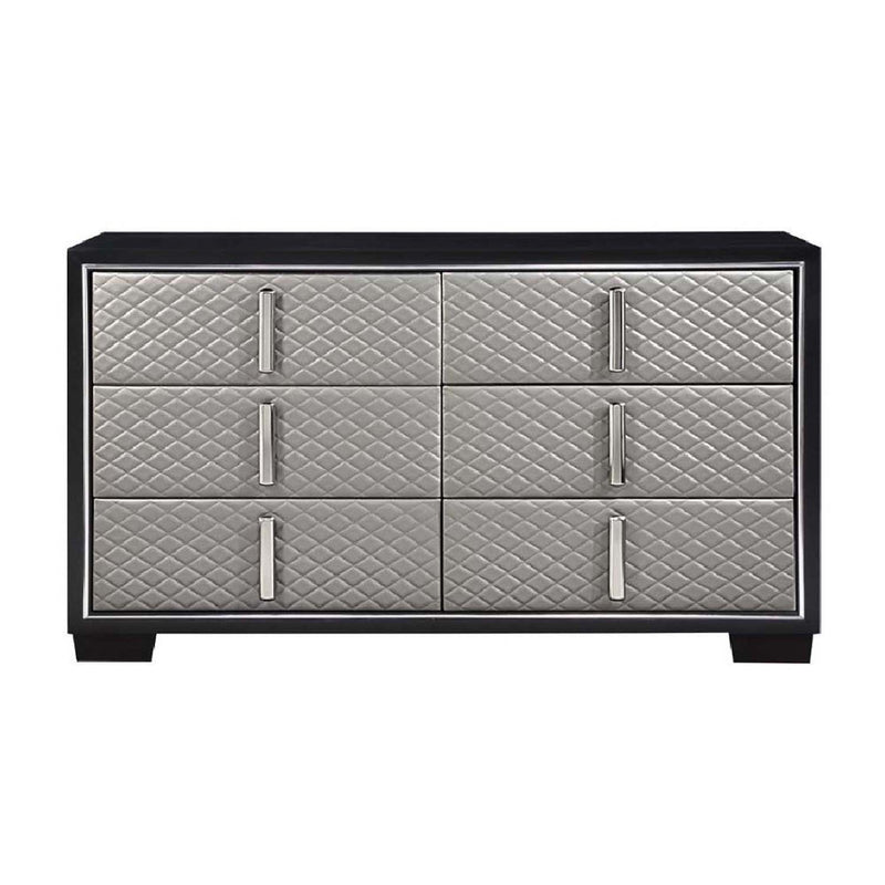 Nicola 6 Drawers  Dresser, Silver Faux Leather & Black Finish Acme