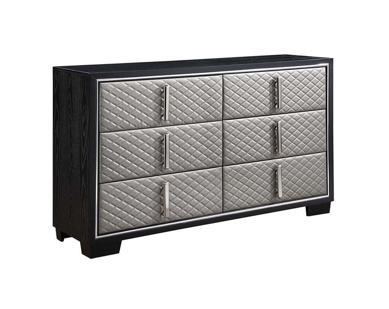 Nicola 6 Drawers  Dresser, Silver Faux Leather & Black Finish Acme