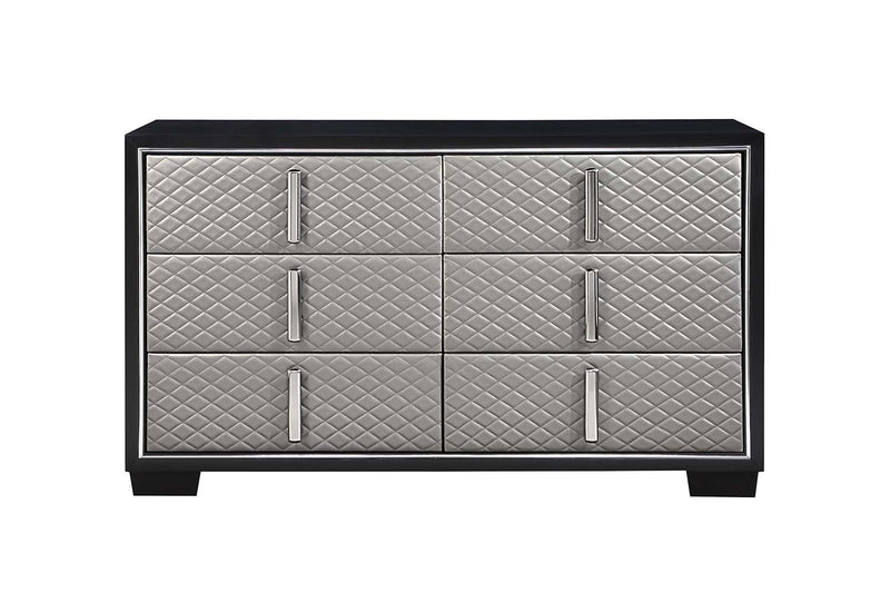 Nicola 6 Drawers  Dresser, Silver Faux Leather & Black Finish Acme