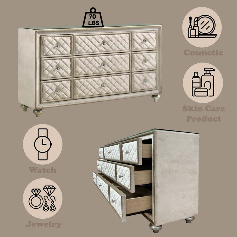 Lucienne 9 Drawers  Dresser, Beige Velvet Acme