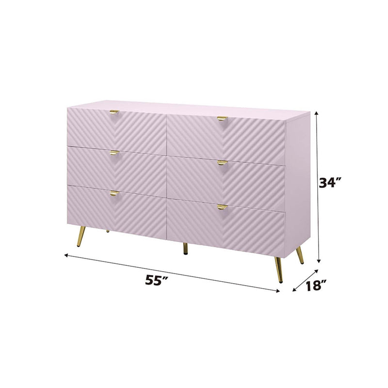 Gaines 6 Drawers  Dresser, Pink High Gloss Finish Acme