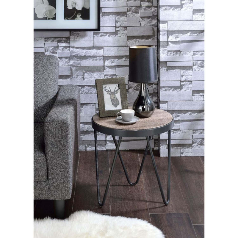 Bage End Table, Weathered Gray Oak & Metal Finish Acme